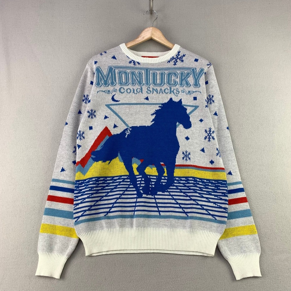 Montucky Cold Snacks Christmas Sweater Mens Small Horse Knit Pullover Shinesty
